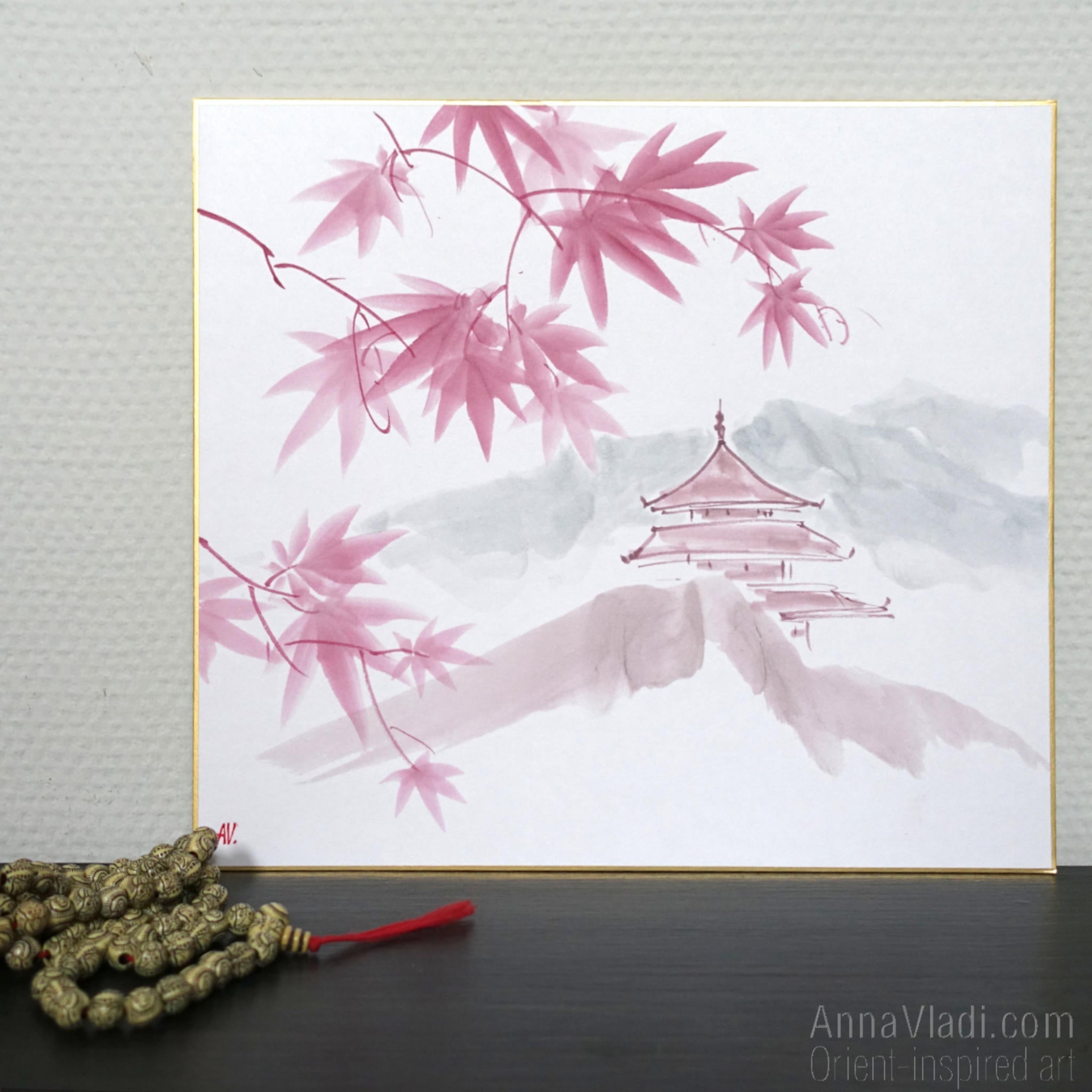 Maple Grove Temple — Sumi-e Original Painting on Japanese Shikishi Board
