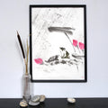 Frog and Lotus in Rain — original Zen art sumi-e painting, large size, Japanese ink on rice paper Asian wall decor