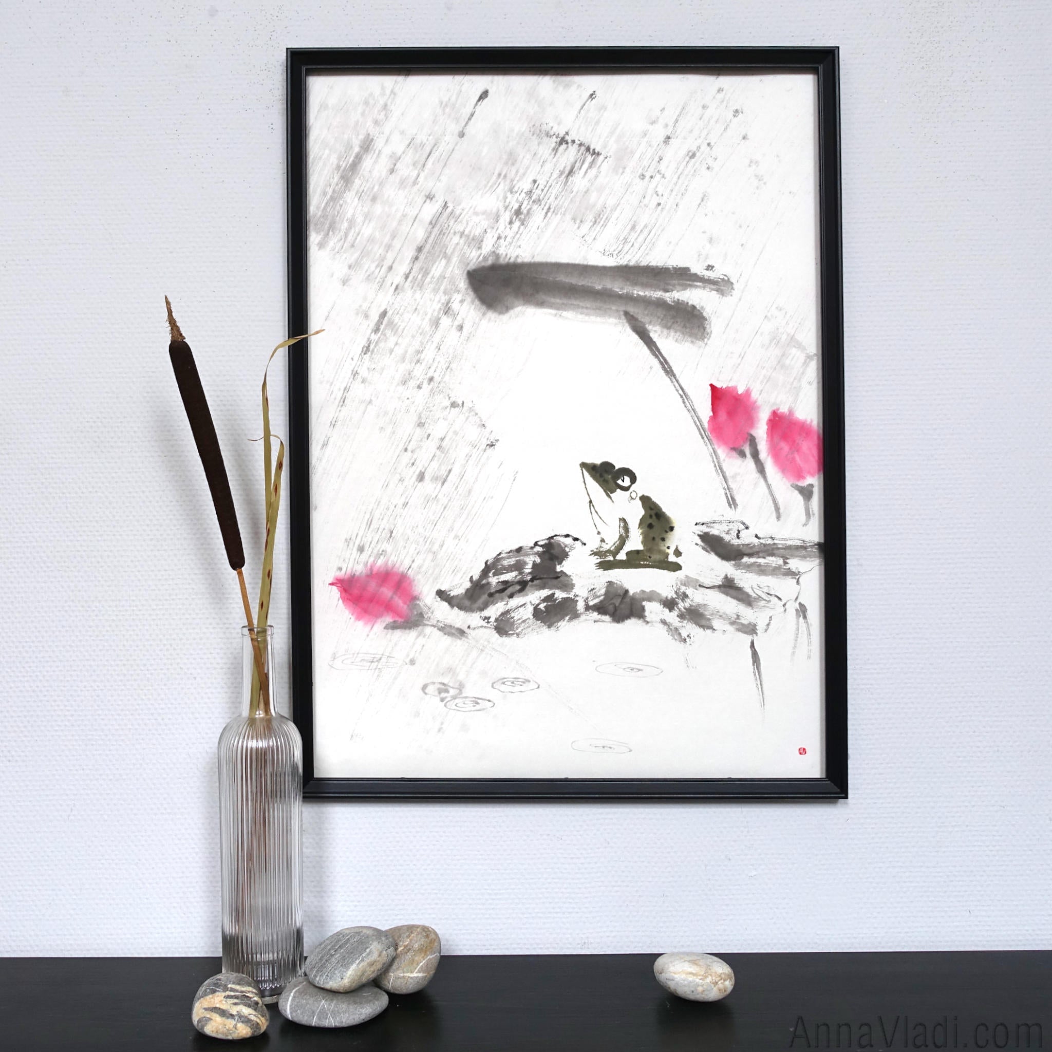 Frog and Lotus in Rain — original Zen art sumi-e painting, large size, Japanese ink on rice paper Asian wall decor