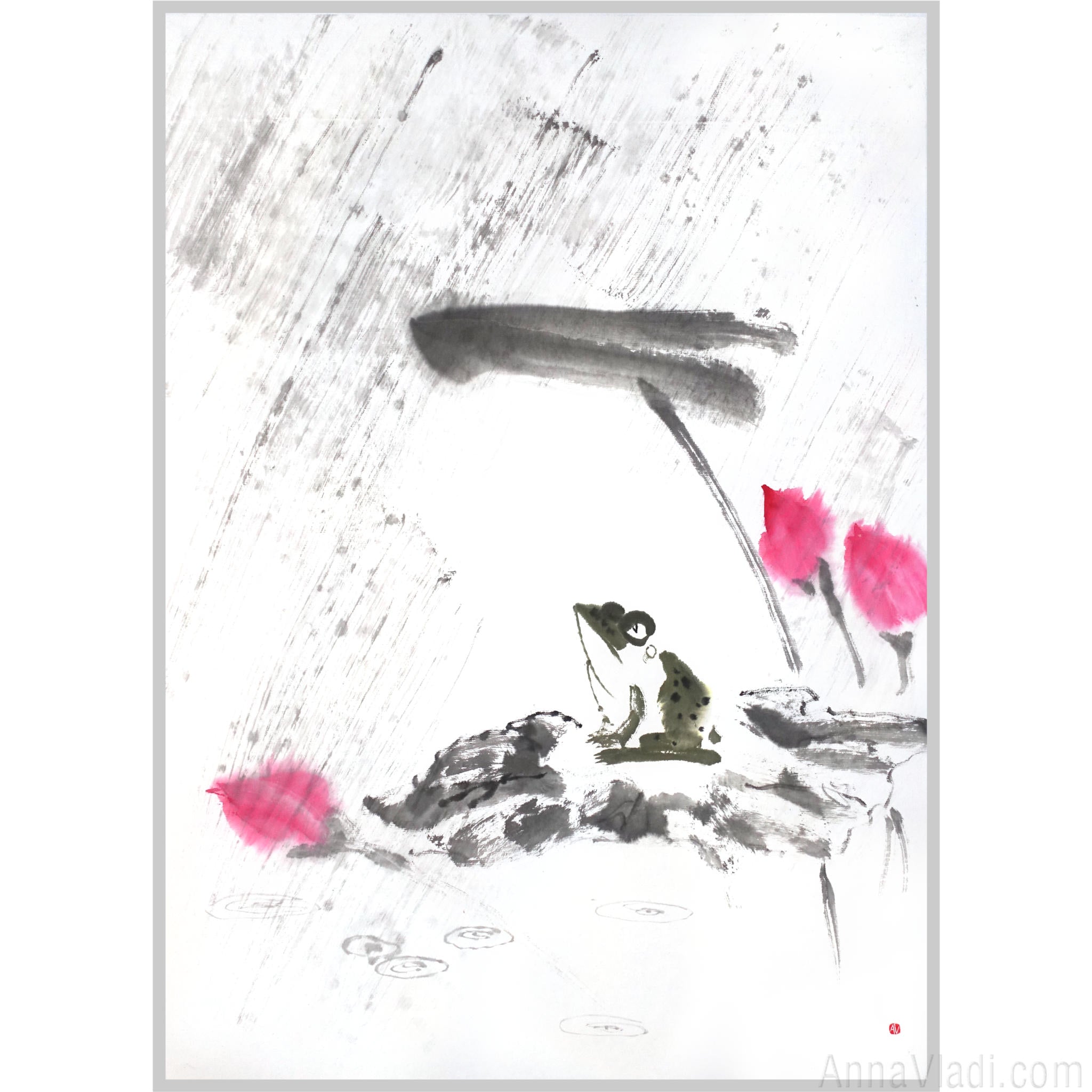 Frog and Lotus in Rain — original Zen art sumi-e painting, large size, Japanese ink on rice paper Asian wall decor