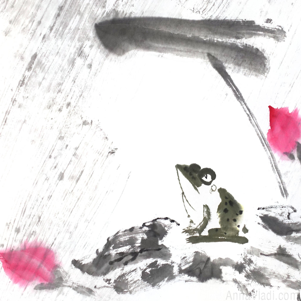 Frog and Lotus in Rain — original Zen art sumi-e painting, large size, Japanese ink on rice paper Asian wall decor