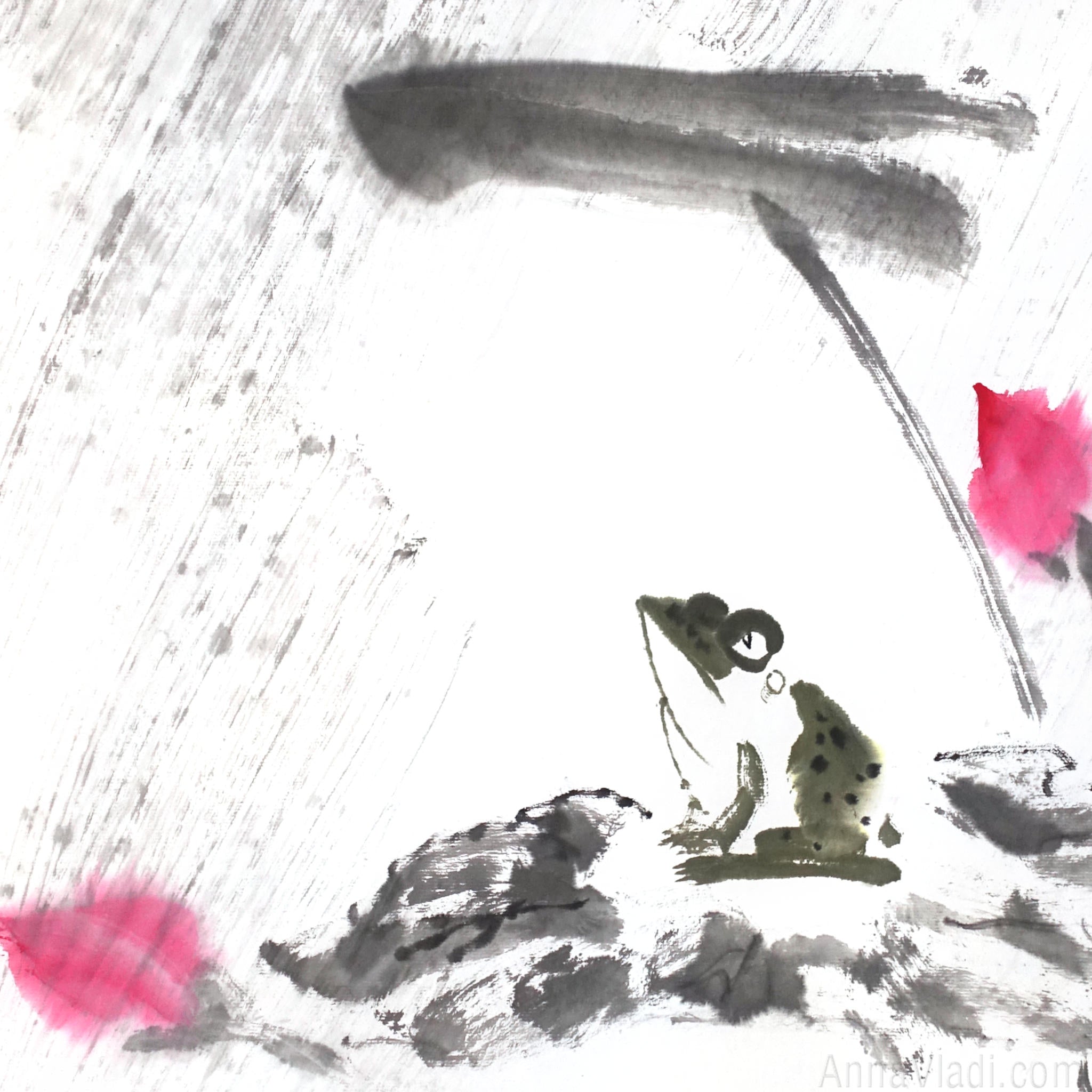 Frog and Lotus in Rain — original Zen art sumi-e painting, large size, Japanese ink on rice paper Asian wall decor