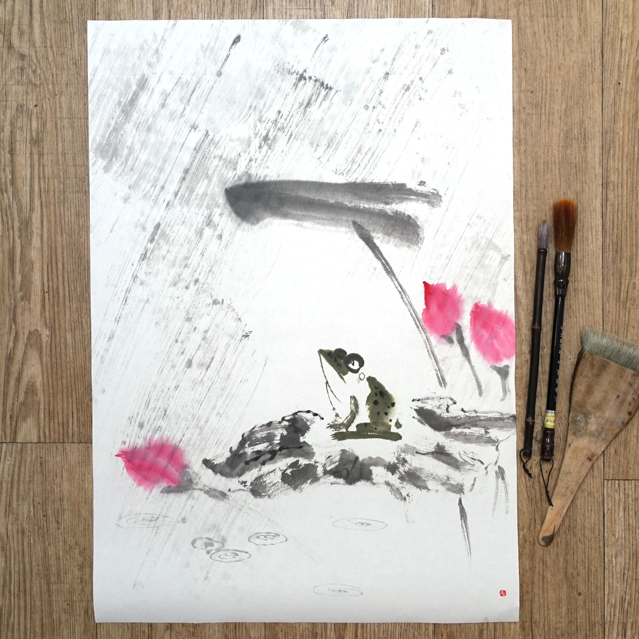 Frog and Lotus in Rain — original Zen art sumi-e painting, large size, Japanese ink on rice paper Asian wall decor