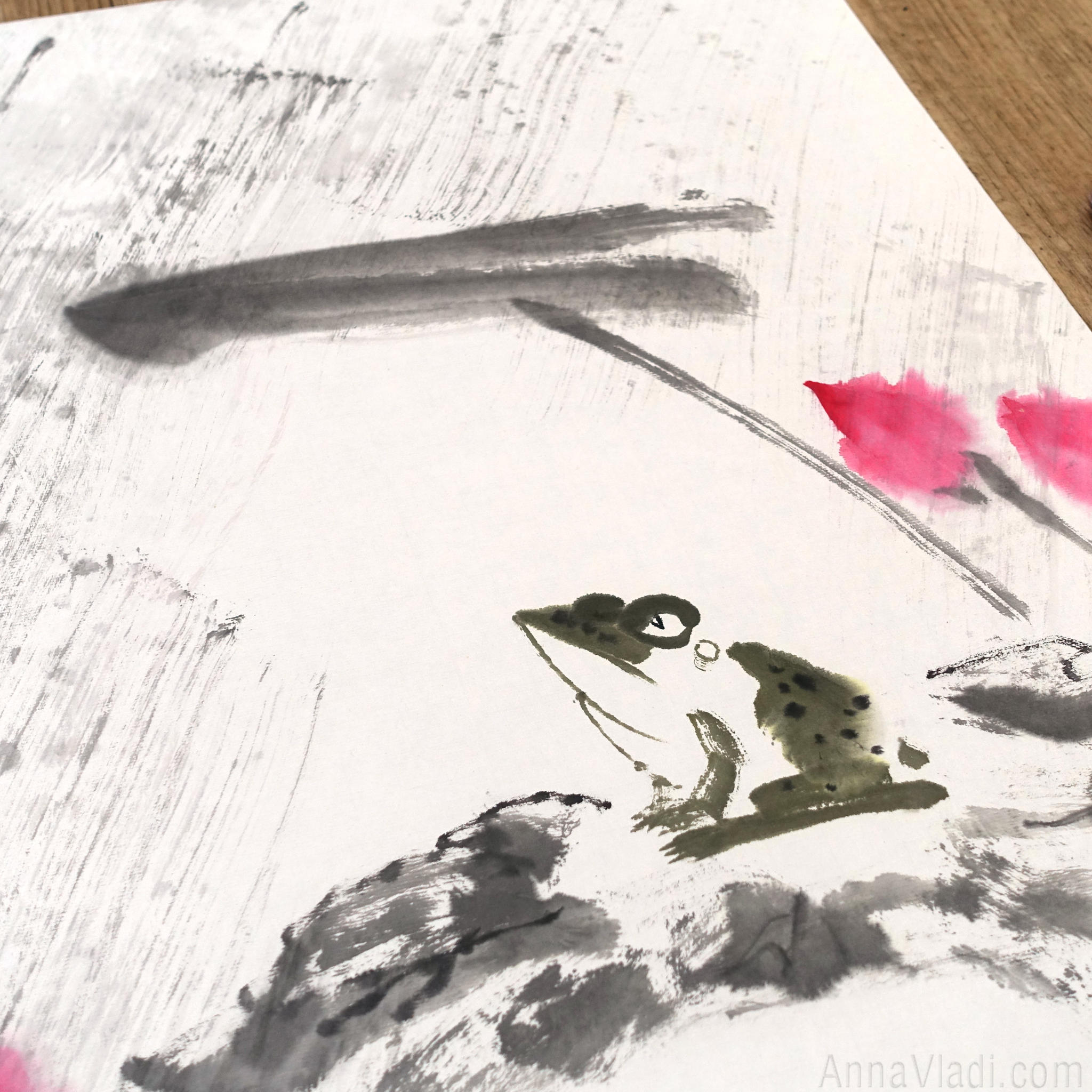 Frog and Lotus in Rain — original Zen art sumi-e painting, large size, Japanese ink on rice paper Asian wall decor