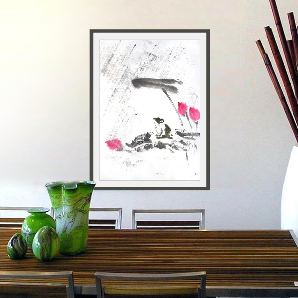Frog and Lotus in Rain — original Zen art sumi-e painting, large size, Japanese ink on rice paper Asian wall decor