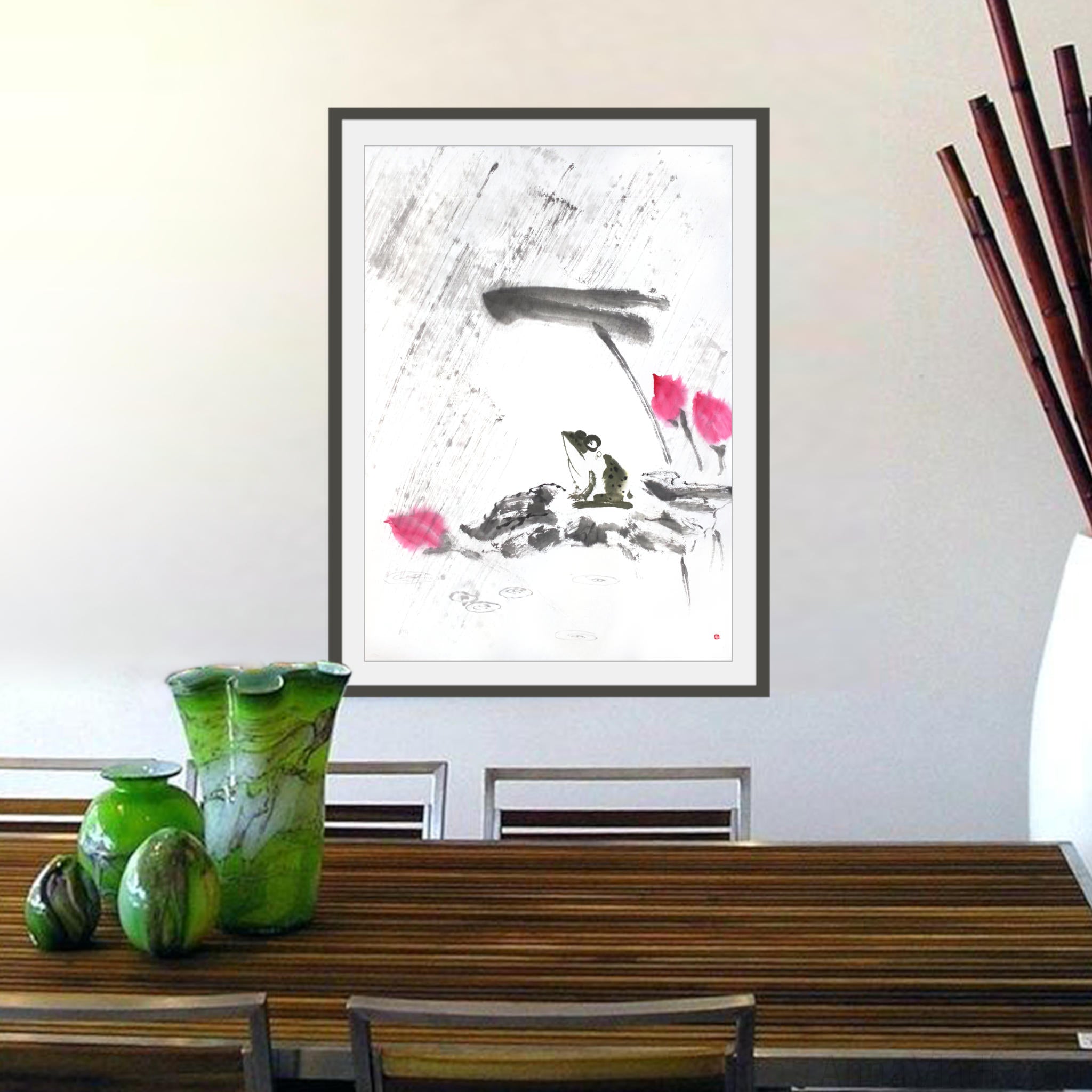 Frog and Lotus in Rain — original Zen art sumi-e painting, large size, Japanese ink on rice paper Asian wall decor