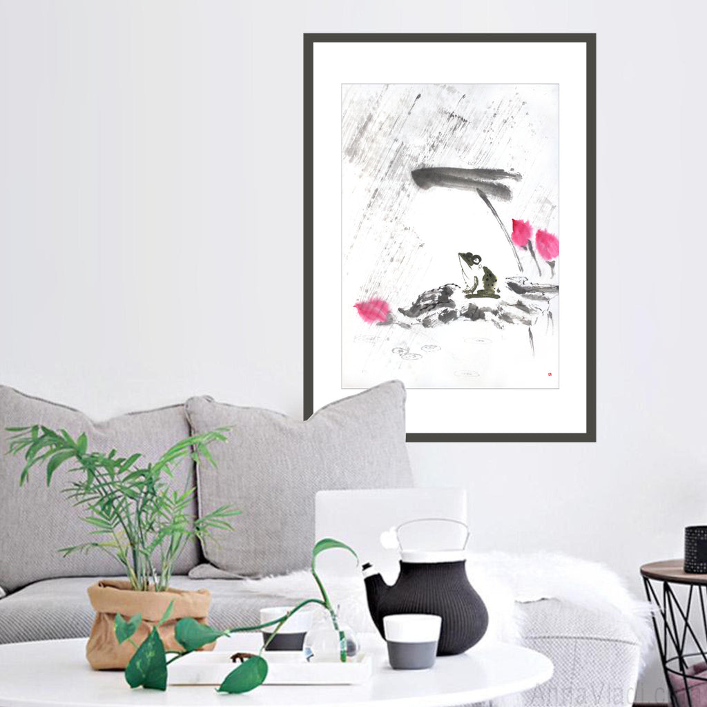 Frog and Lotus in Rain — original Zen art sumi-e painting, large size, Japanese ink on rice paper Asian wall decor