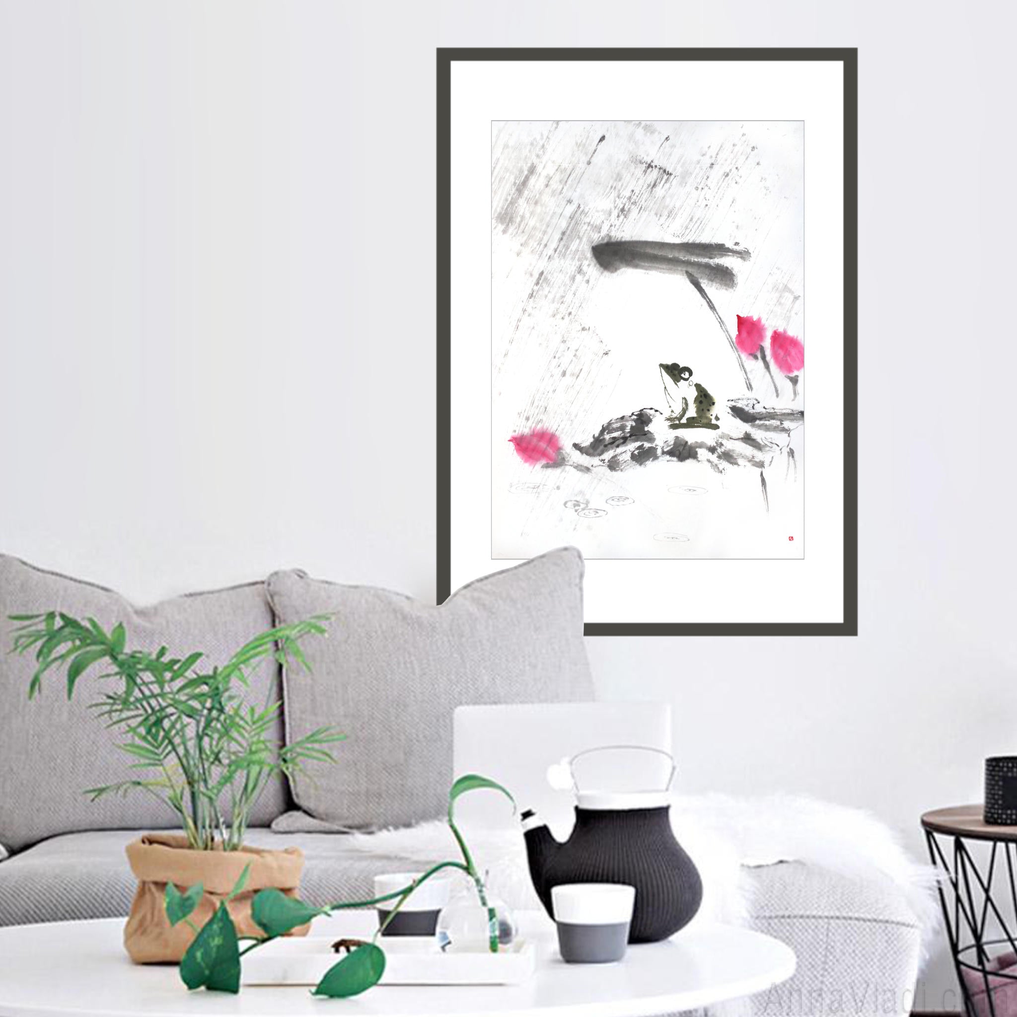 Frog and Lotus in Rain — original Zen art sumi-e painting, large size, Japanese ink on rice paper Asian wall decor