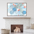 Japanese Ink Tropical Leaves Painting: Blue & Orange Abstract Art