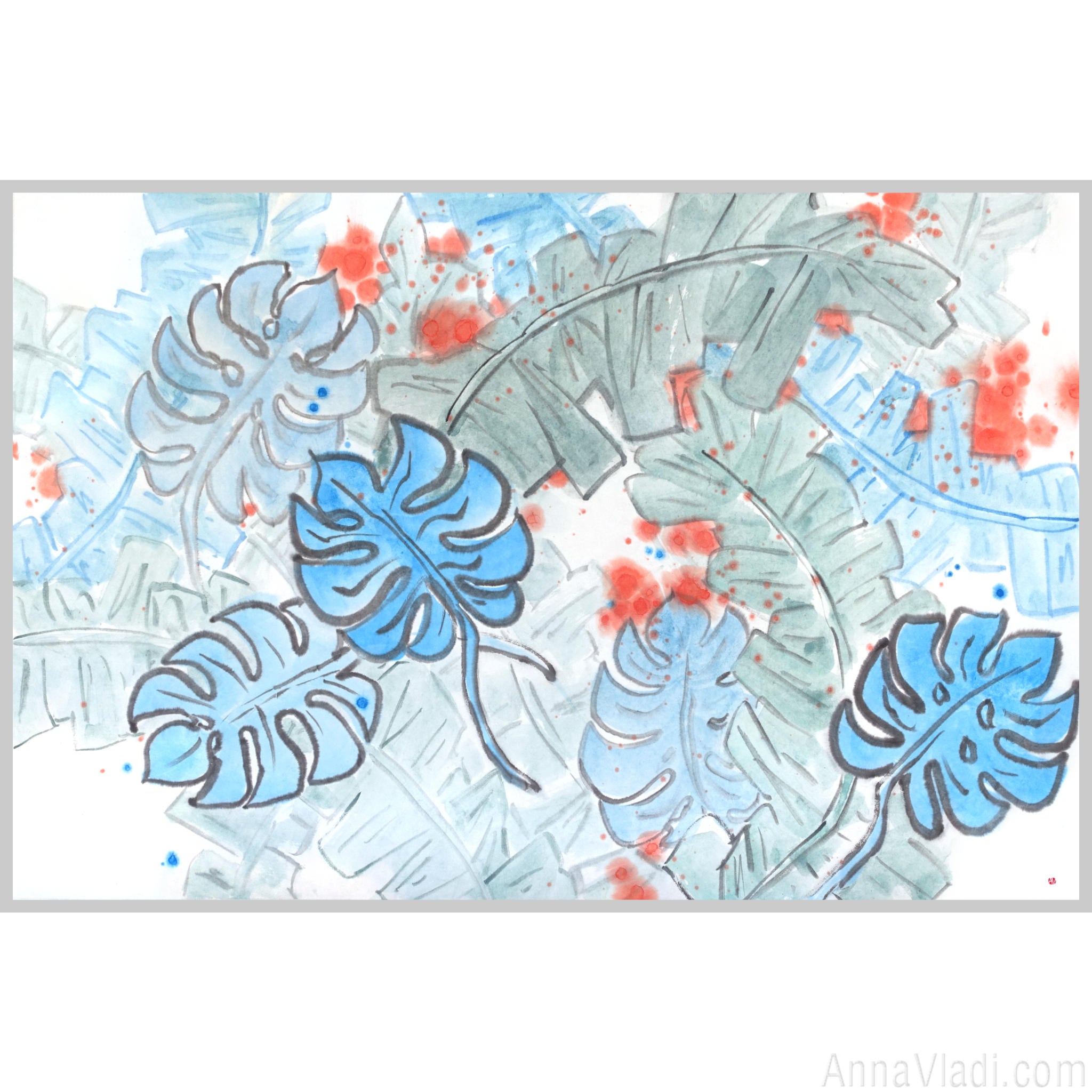 Japanese Ink Tropical Leaves Painting: Blue & Orange Abstract Art