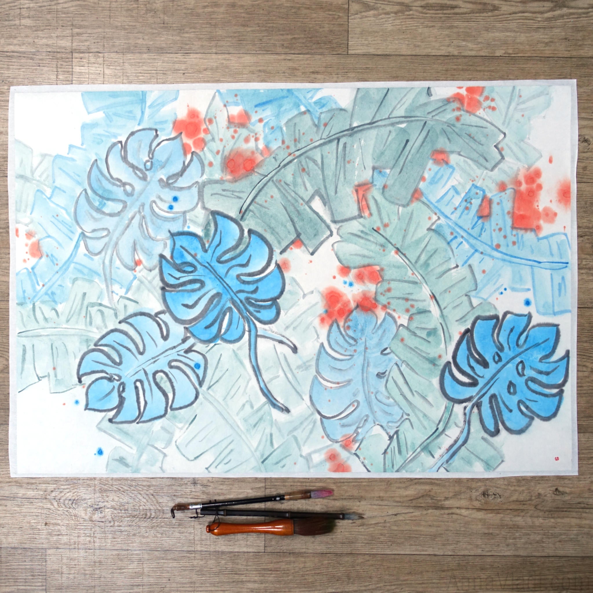 Japanese Ink Tropical Leaves Painting: Blue & Orange Abstract Art