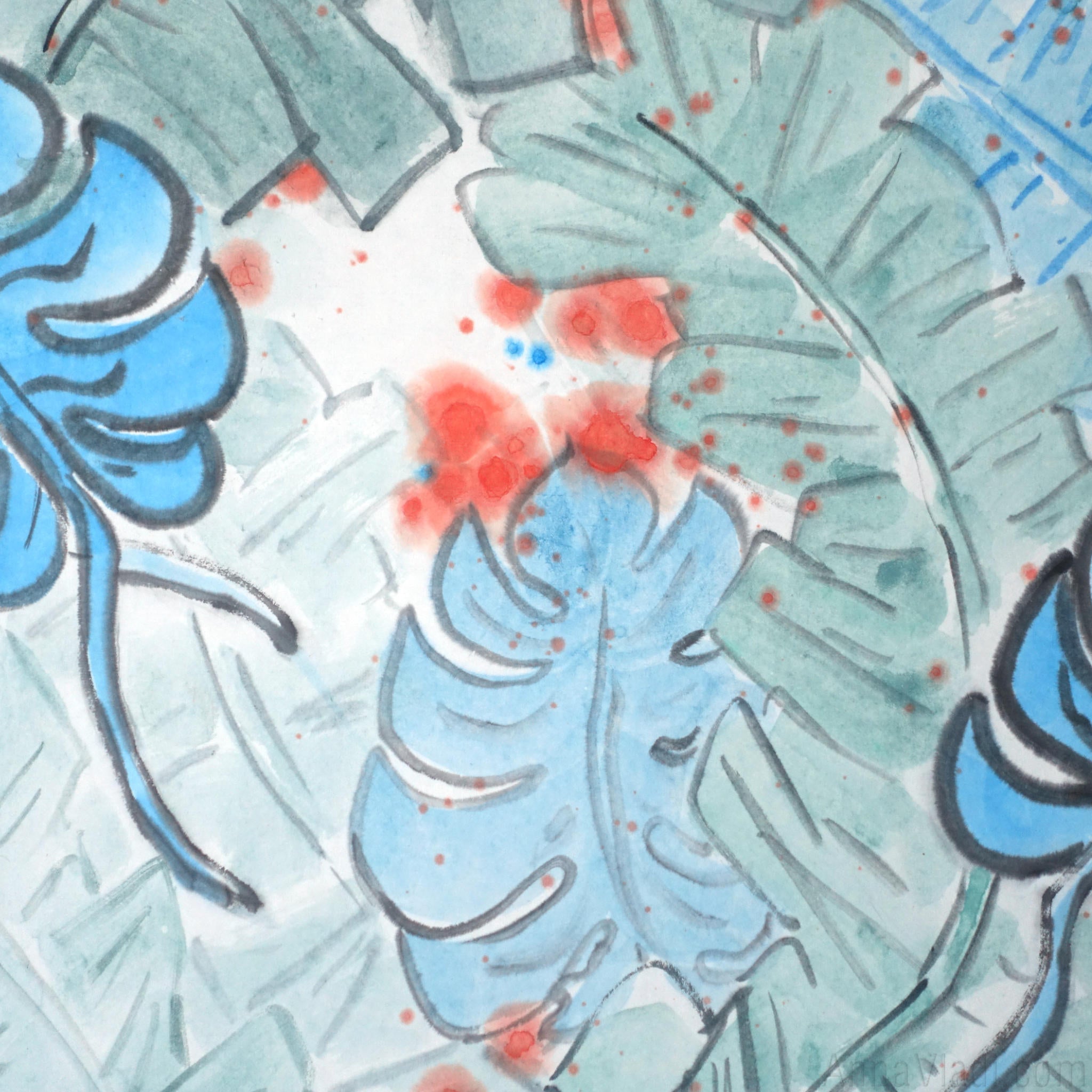 Japanese Ink Tropical Leaves Painting: Blue & Orange Abstract Art