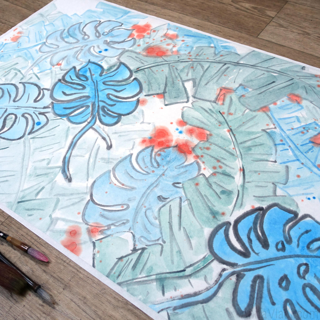 Japanese Ink Tropical Leaves Painting: Blue & Orange Abstract Art
