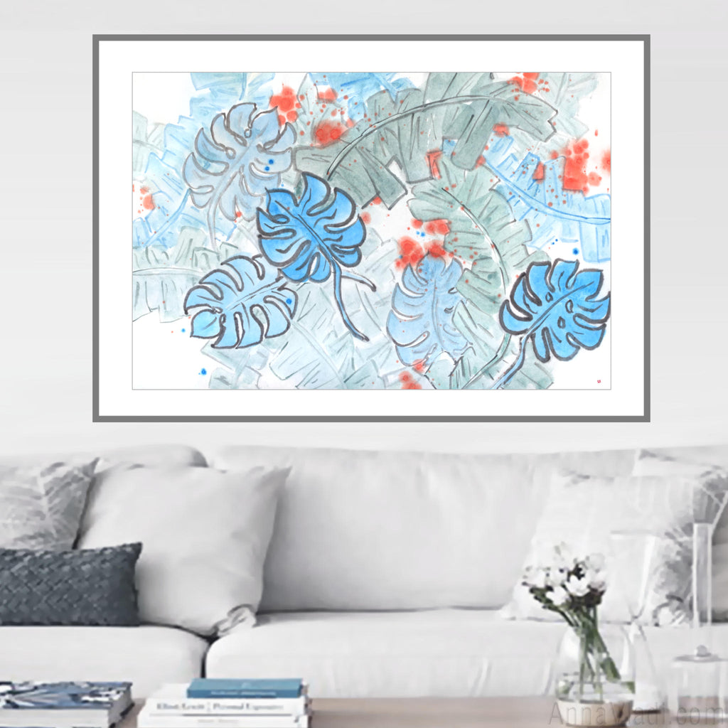 Japanese Ink Tropical Leaves Painting: Blue & Orange Abstract Art